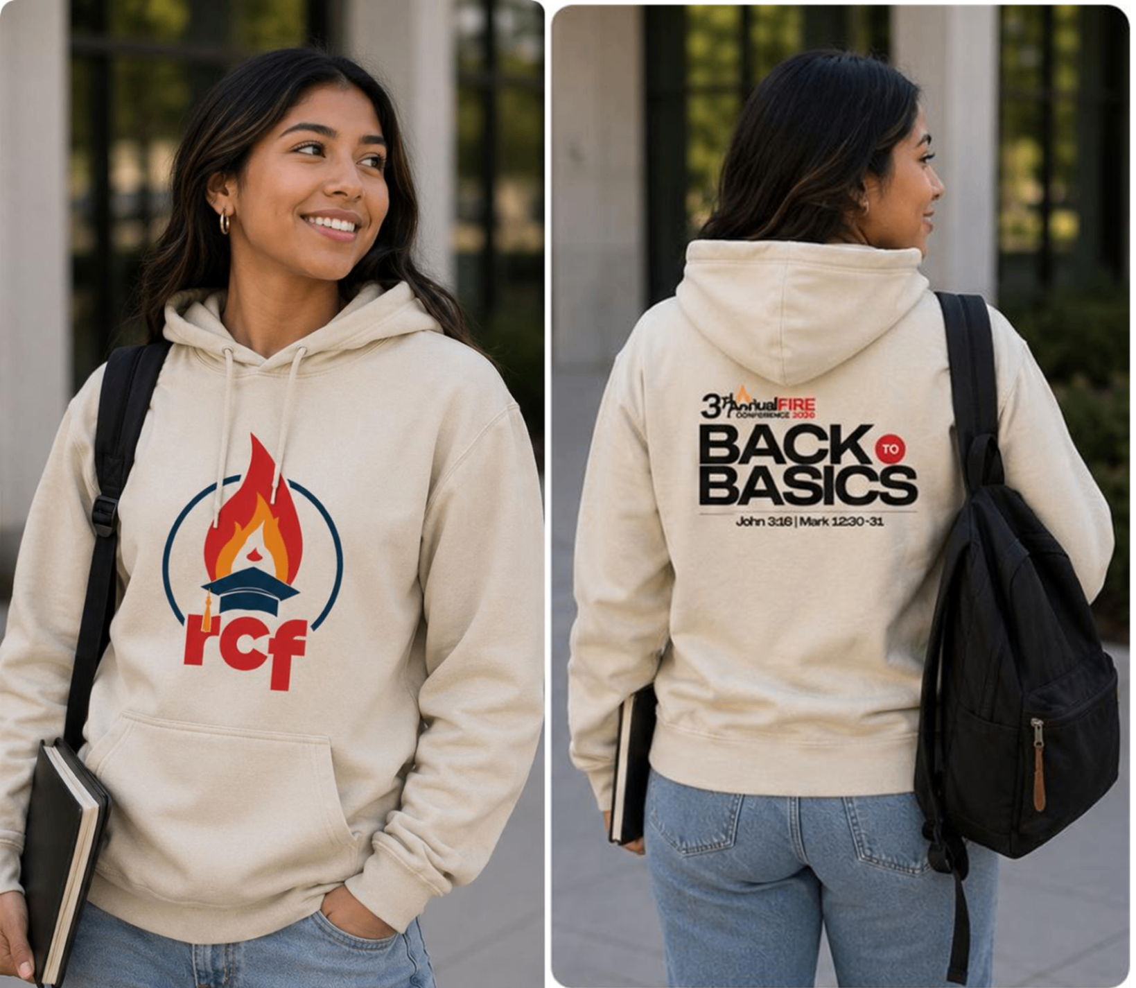 Cream RCF hoodie — front and back preview.