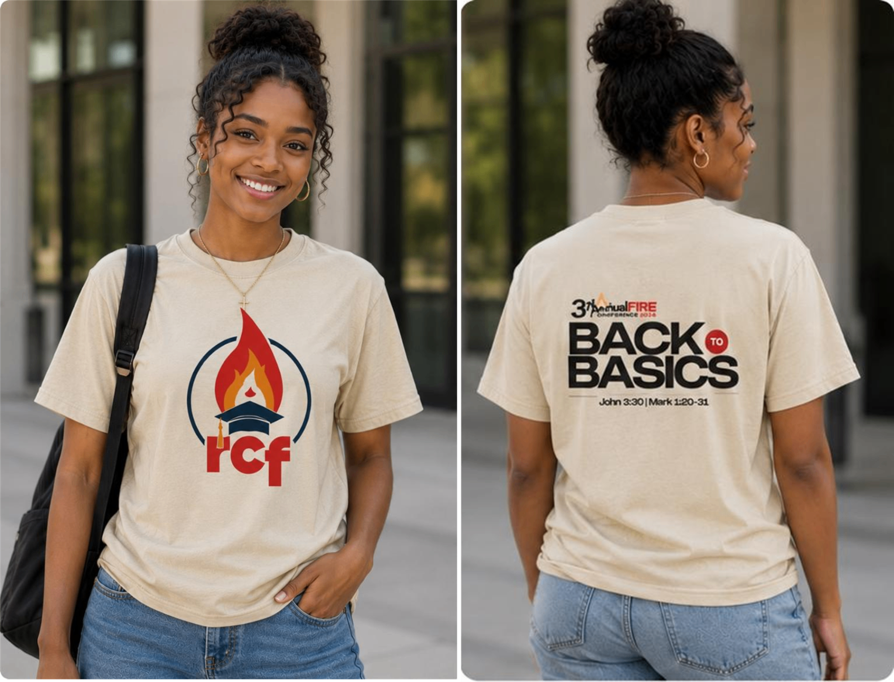 Sand RCF tee — front and back preview.