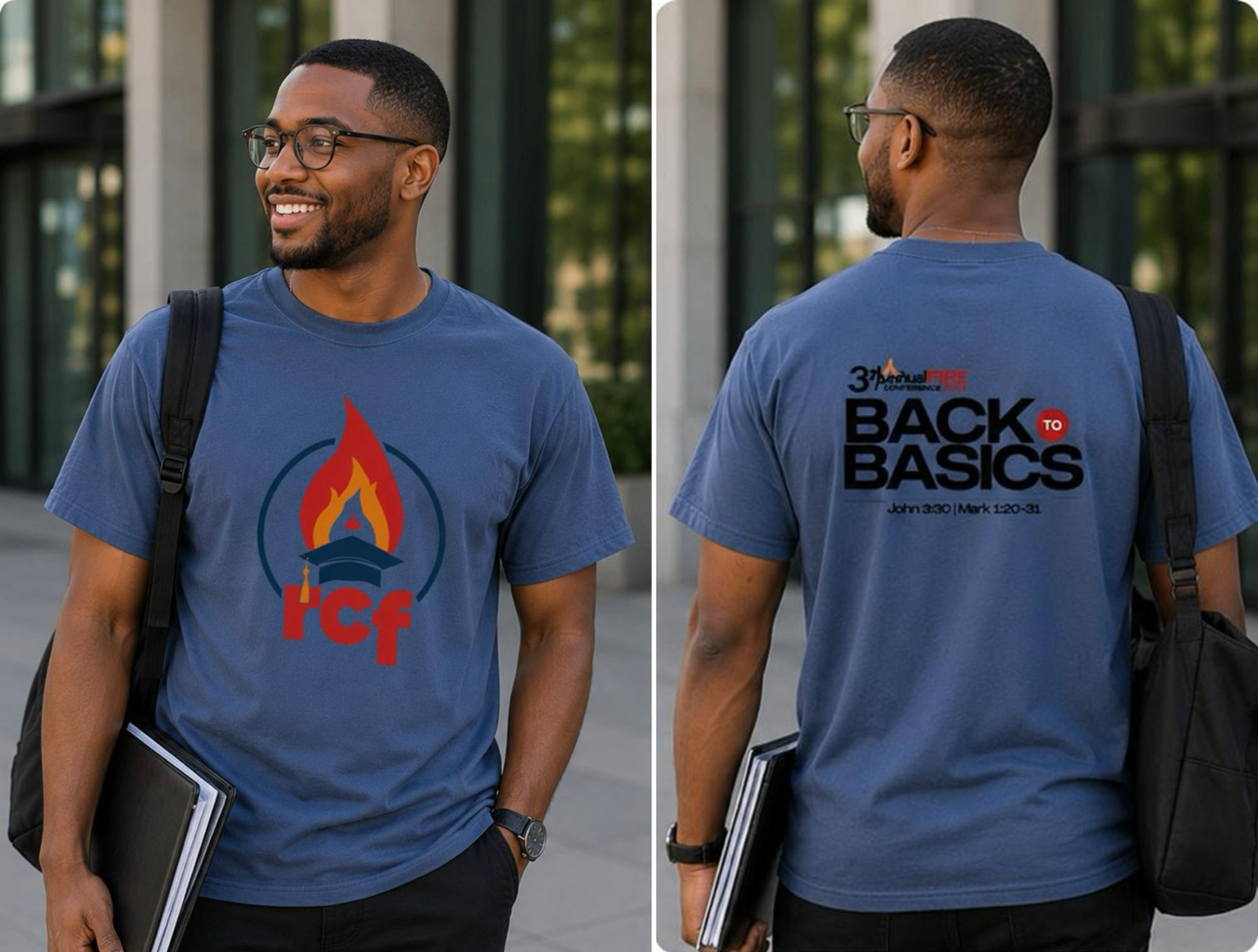 Royal blue RCF tee — front and back preview.