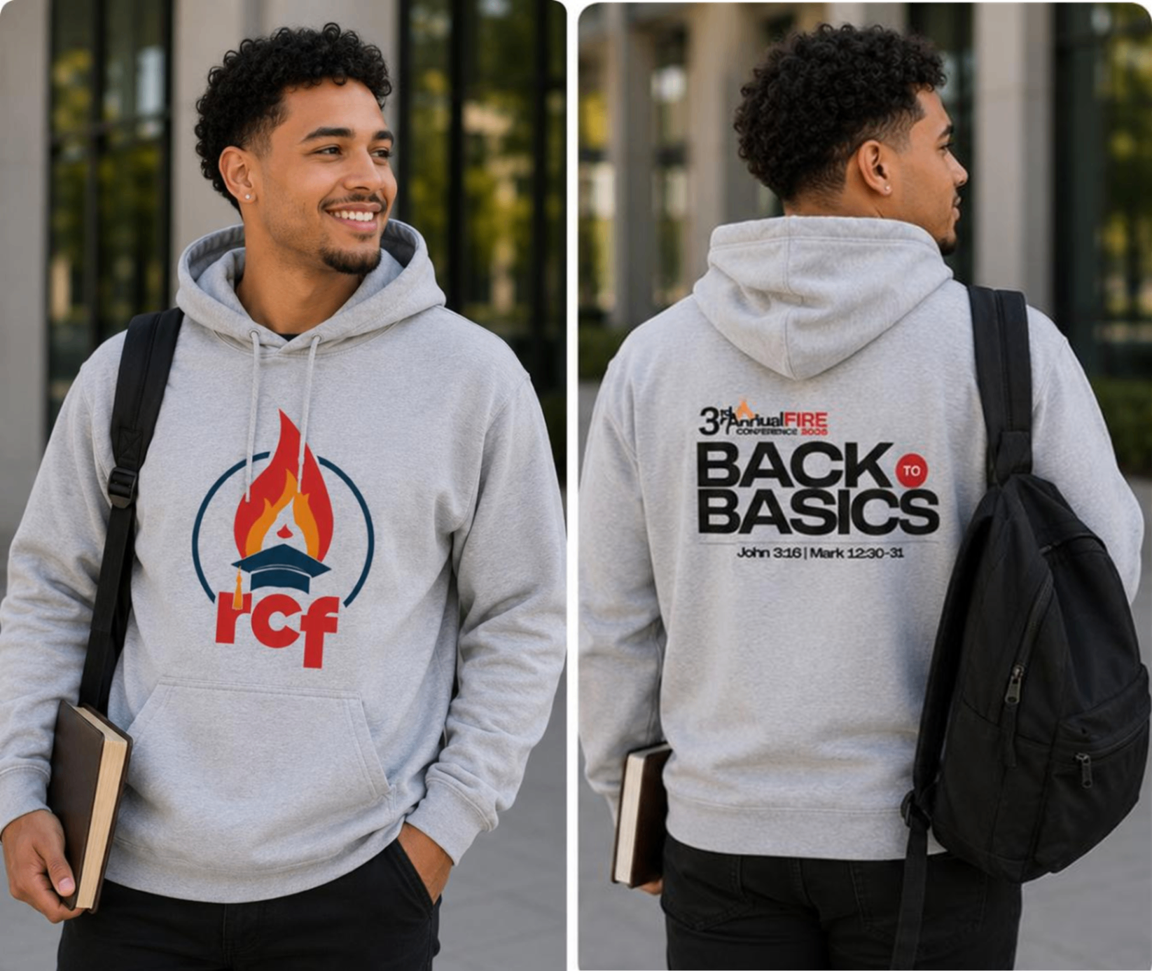 Heather gray RCF hoodie — front and back preview.