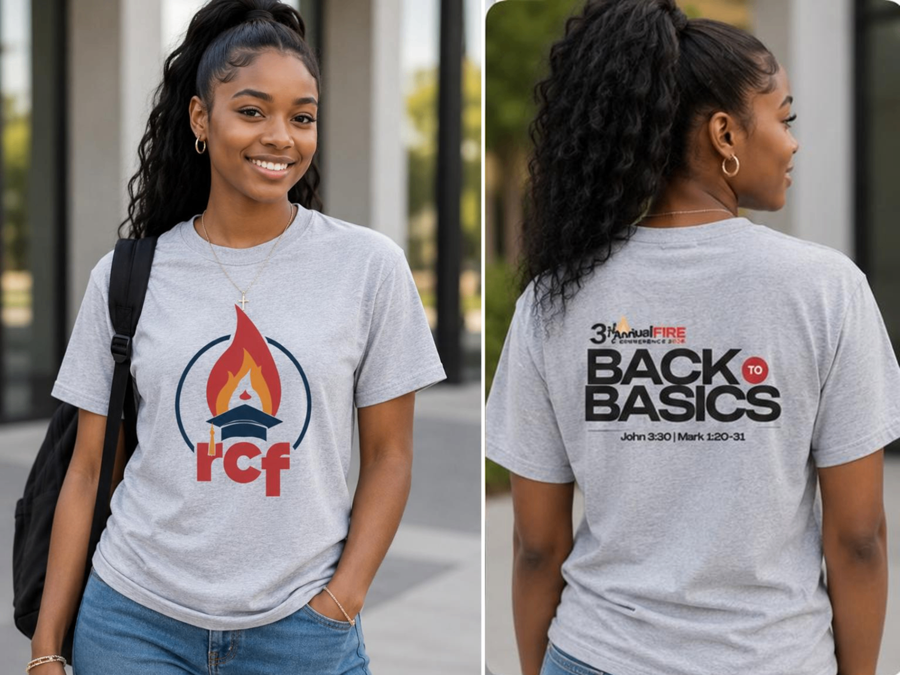 Heather gray RCF tee — front and back preview.