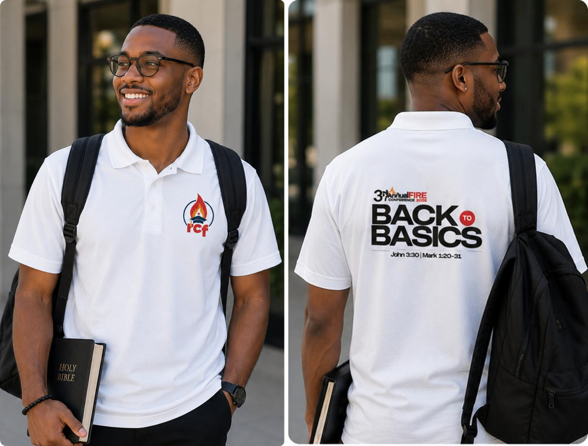 White RCF polo — front and back preview.