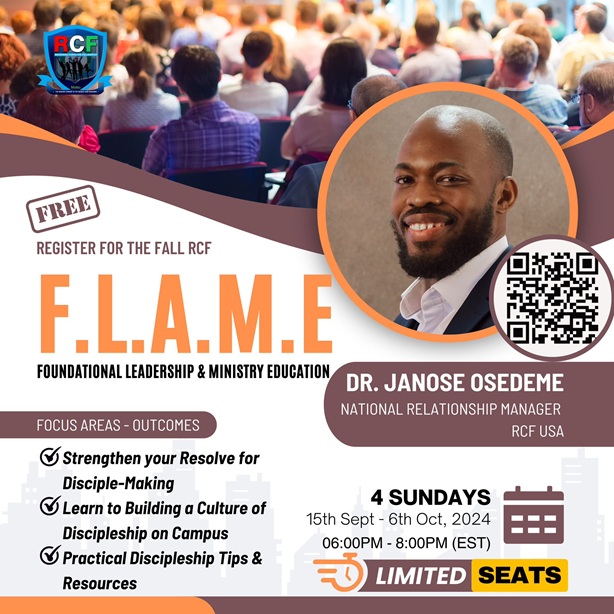 F.L.A.M.E — Foundational Leadership & Ministry Education flyer